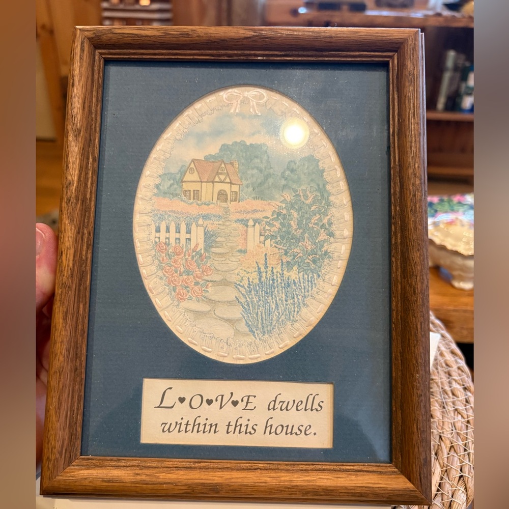 Vintage Cottage Print Framed Embossed Art “Love dwells within this house”